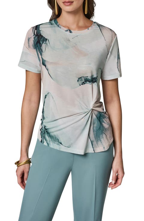 Abstract Print Side Twist Knit Top