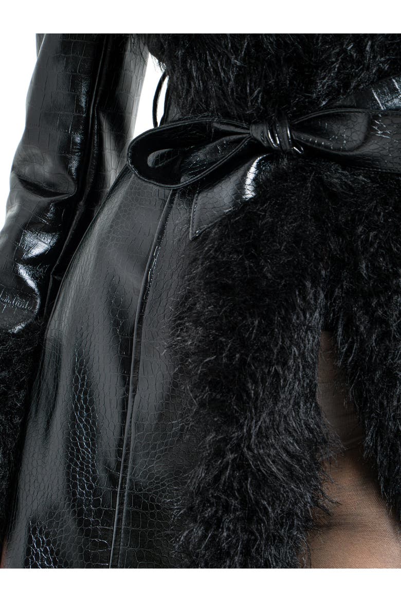 Zella Longline Vegan Croc Leather Coat with Fur Trim, Alternate, color, Black
