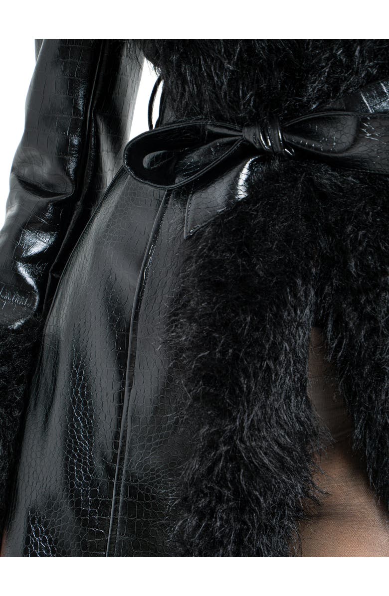 Miss Circle Zella Longline Vegan Croc Leather Coat with Fur Trim, Alternate, color, Black