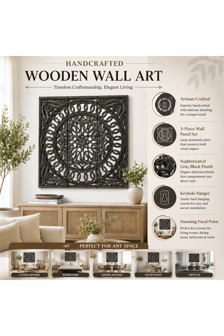 Wooden Handmade Wall Panel with Mirror, Alternate, color, Grey