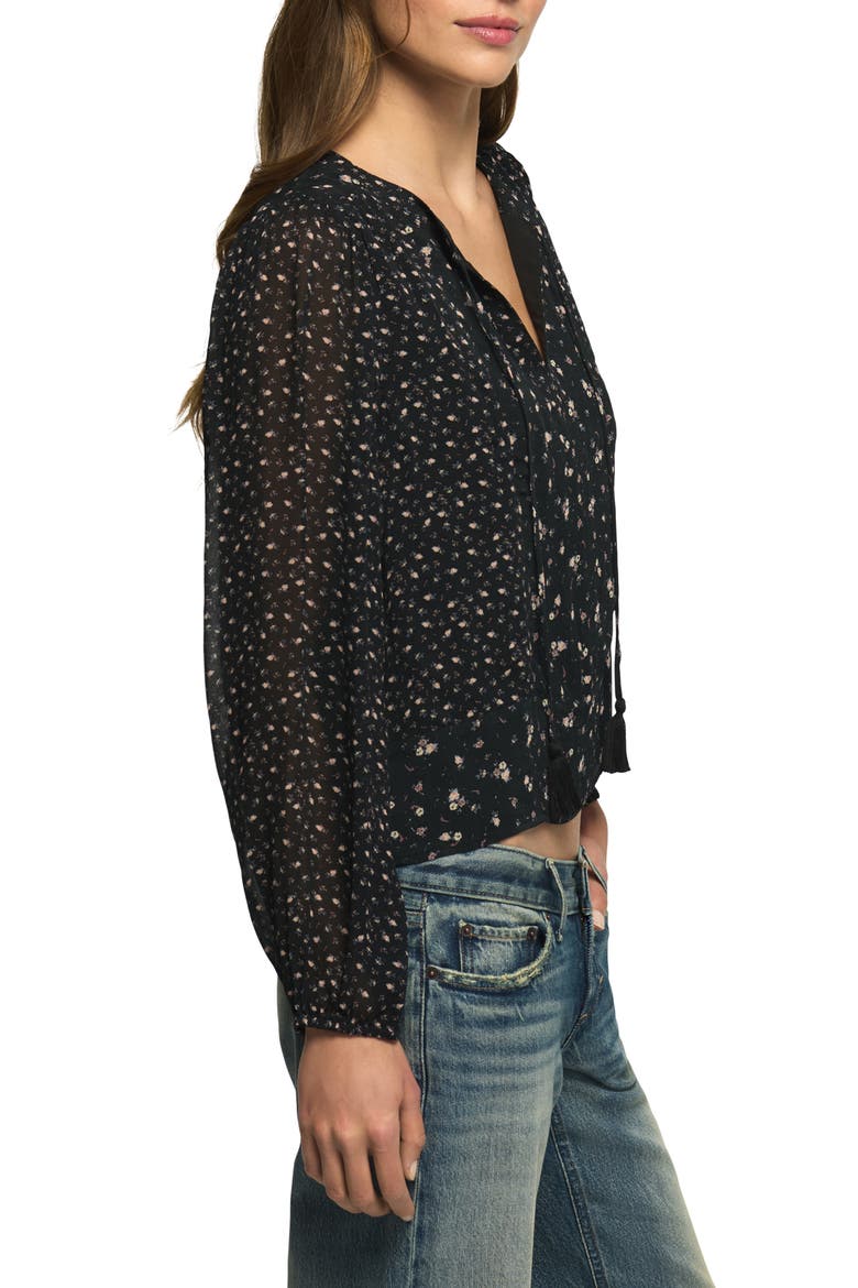 Print Tie Neck Crop Peasant Top, Alternate, color, BLACK PRINT MIX
