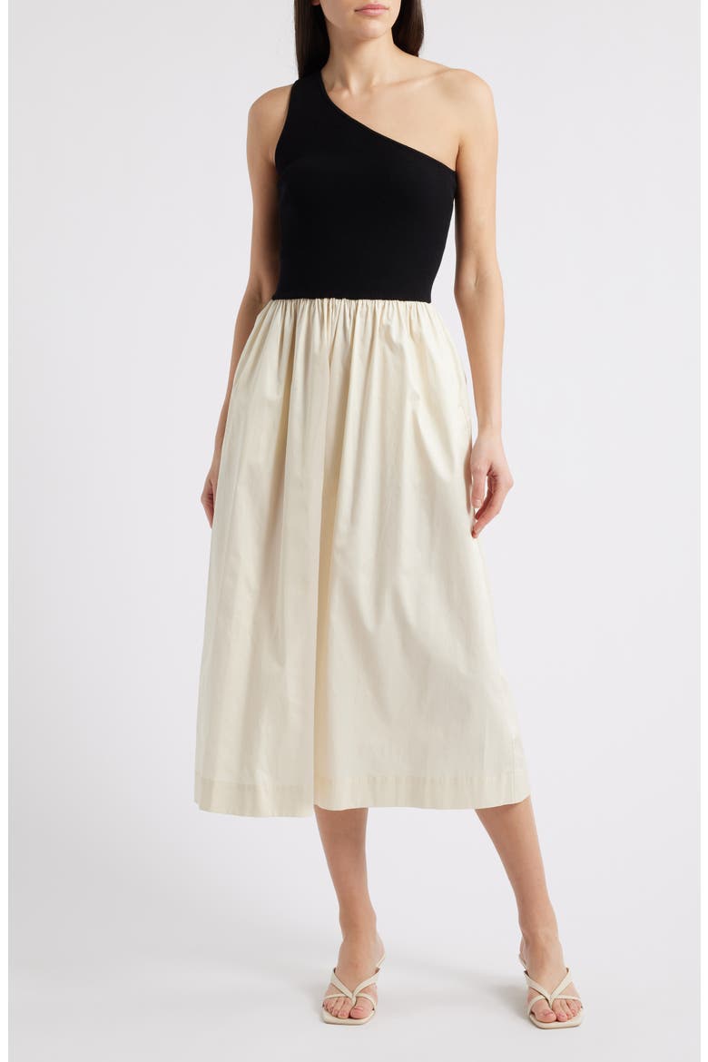 Anita One-Shoulder Colorblock Mixed Media Midi Dress, Main, color, BLACK IVORY
