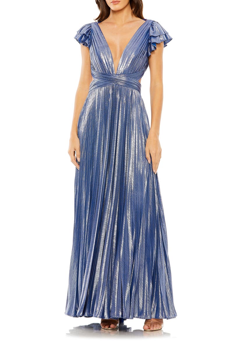Ruffle Sleeve Cutout Pleated Metallic Gown, Main, color, BLUE
