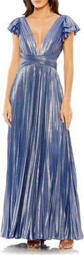 Mac Duggal Ruffle Sleeve Cutout Pleated Metallic Gown