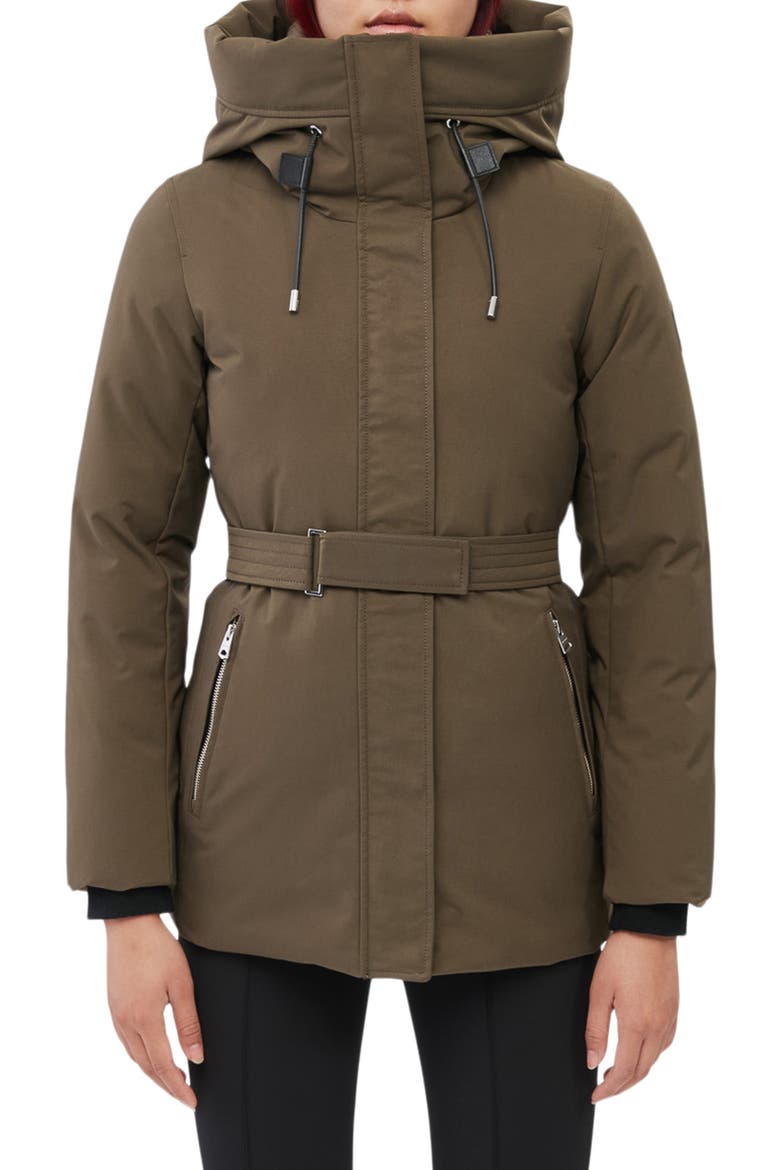 Jeni Water Resistant Down & Feather Fill Belted Parka, Main, color, ARMY