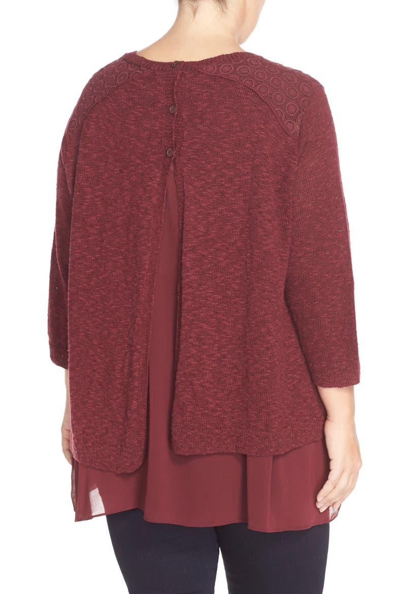 Mixed Media Layered Look Sweater, Alternate, color, LUXE BURGA