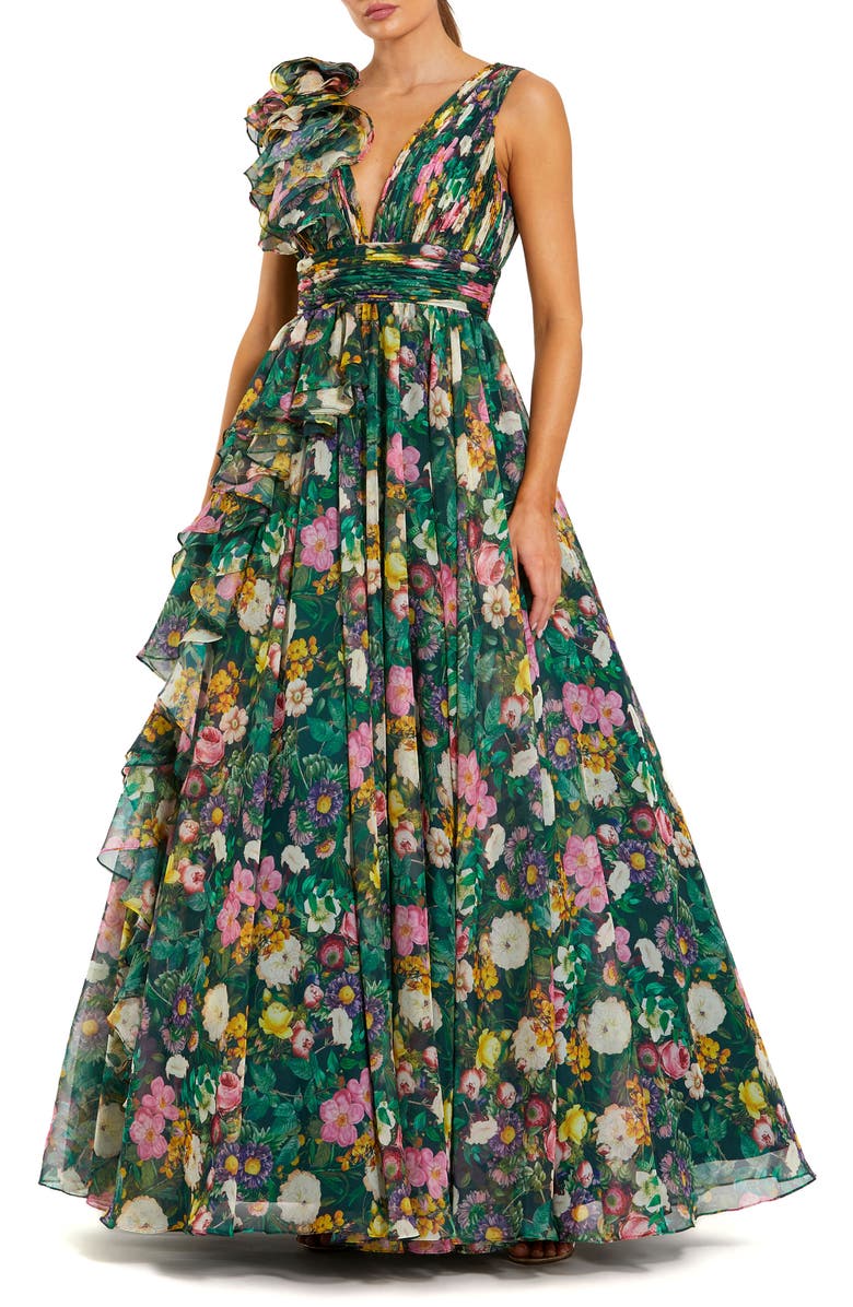 Mac Duggal Ruffle Shoulder V-Neck Printed Chiffon Gown, Main, color, Deep Green Multi