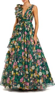 Mac Duggal Ruffle Shoulder V-Neck Printed Chiffon Gown
