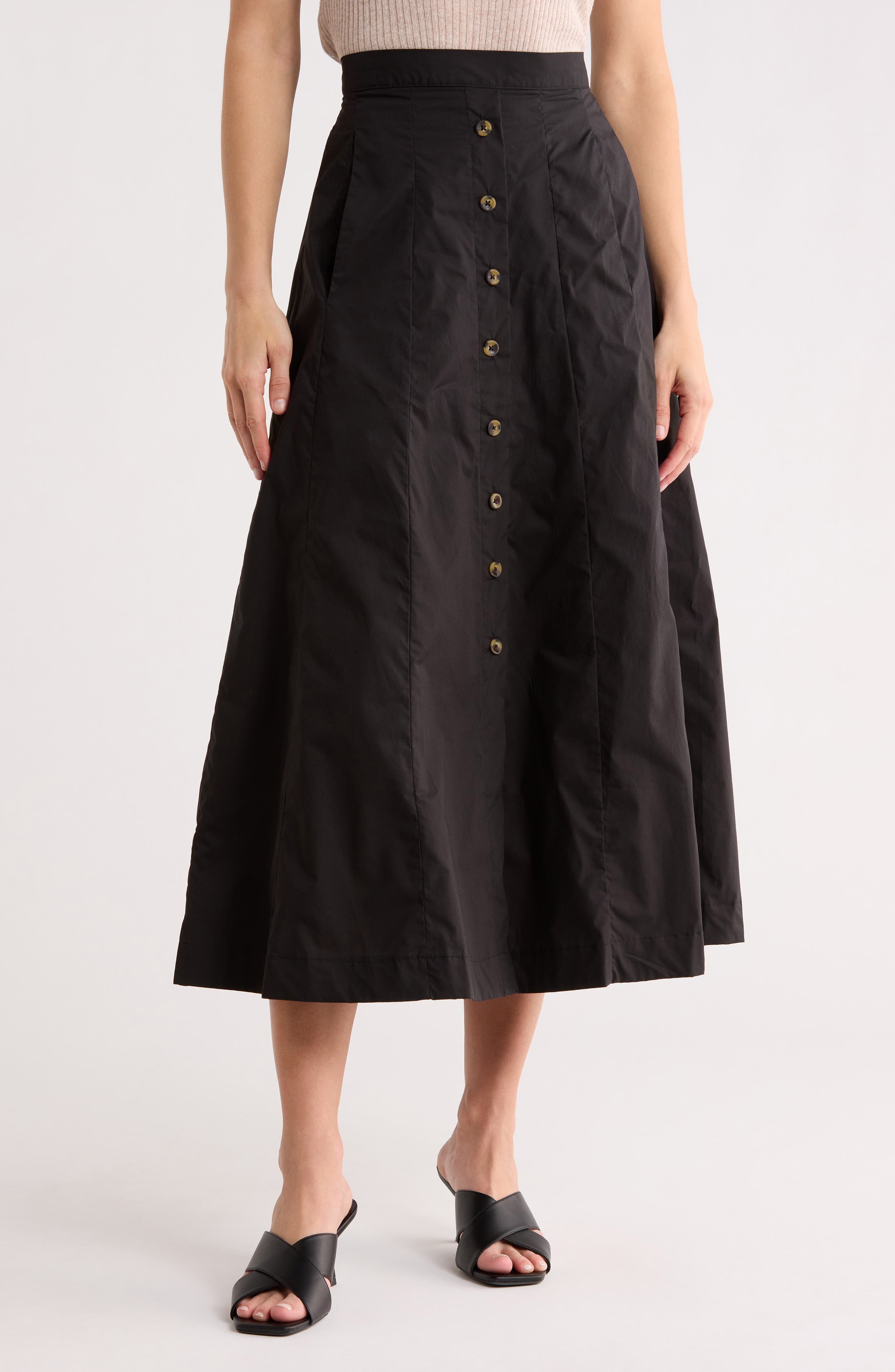 T Tahari Button Front Cotton Midi Skirt