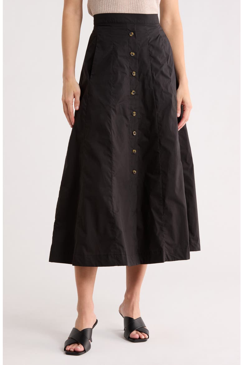 Button Front Cotton Midi Skirt, Main, color, BLACK