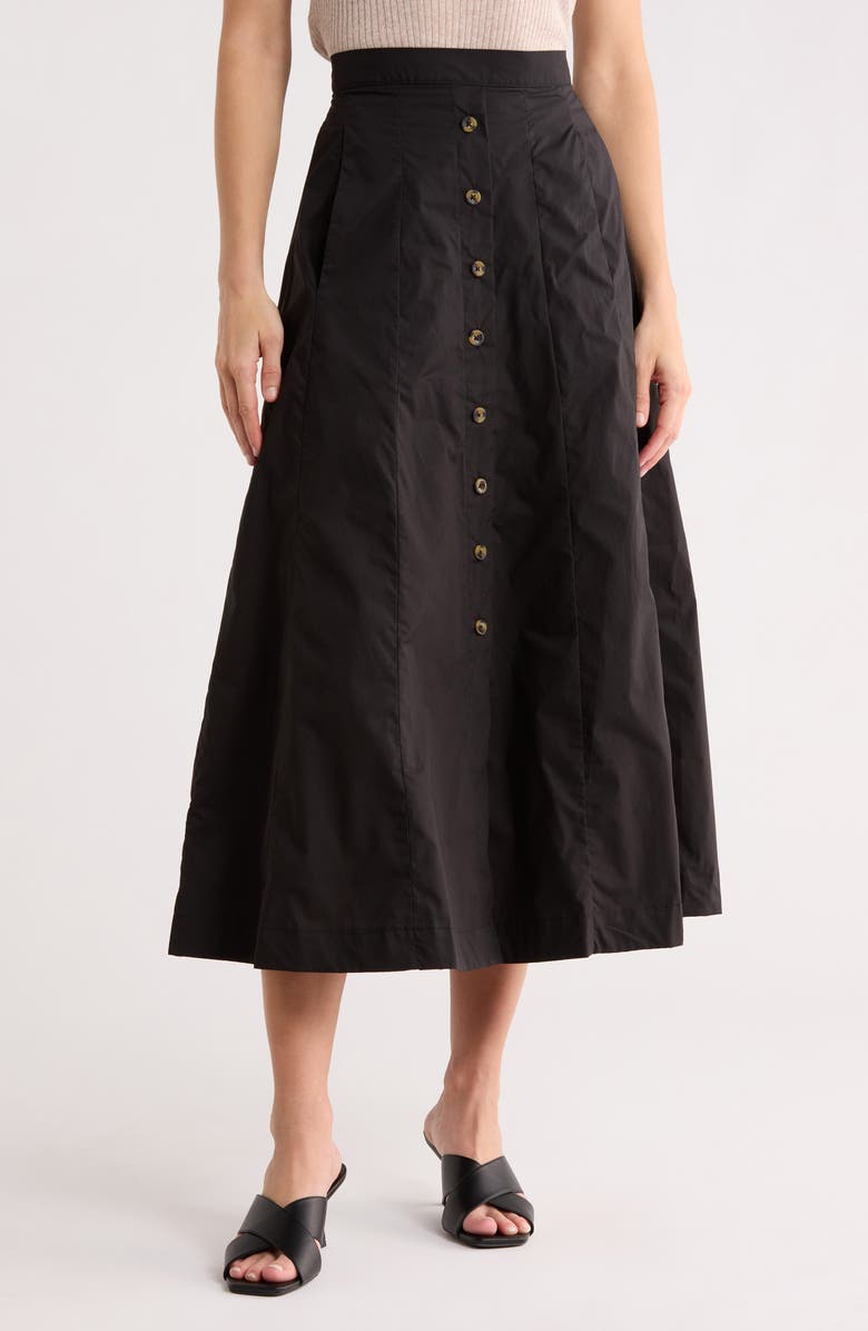 T Tahari Button Front Cotton Midi Skirt, Main, color, Black