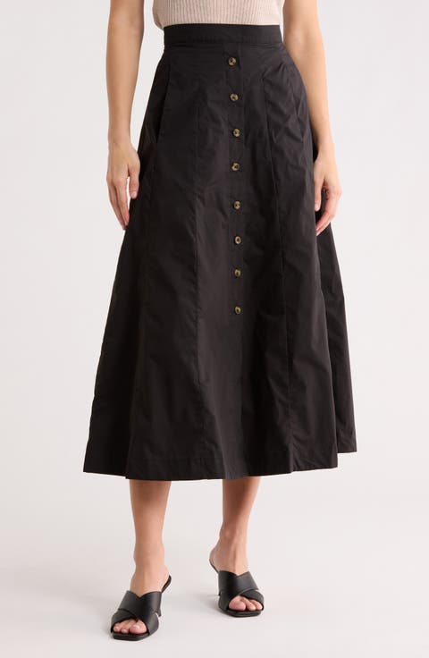 Button Front Cotton Midi Skirt
