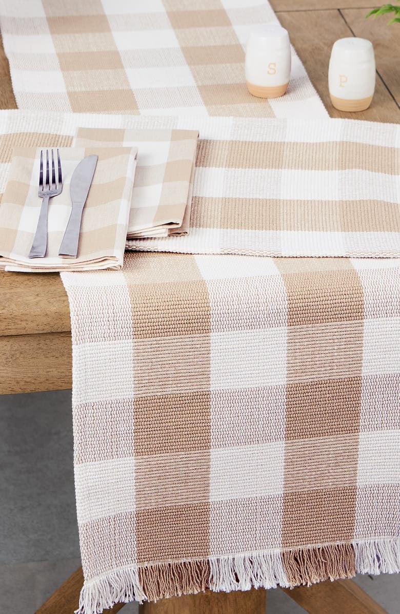 Design Imports Checkered Fringe Cotton Table Runner, Alternate, color, Brown
