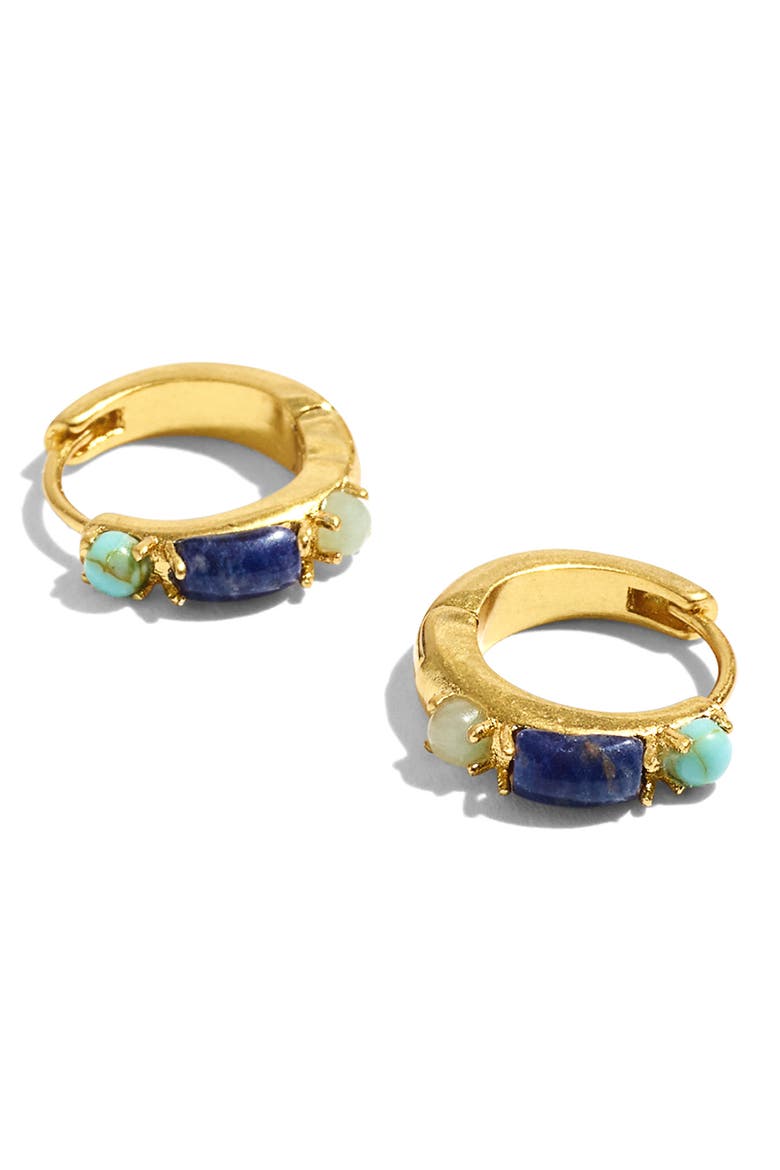Stone Inlaid Huggie Hoop Earrings, Main, color, DISTANT OCEAN