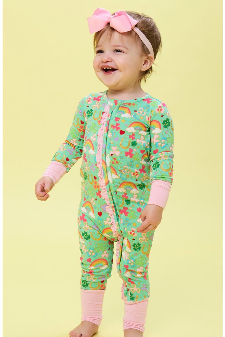 Lucky Day Print Ruffle Convertible Romper, Alternate, color, GREEN