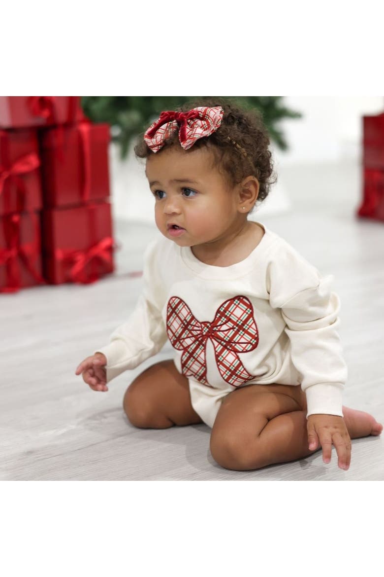 Christmas Plaid Bow Patch Long Sleeve Romper, Alternate, color, Natural