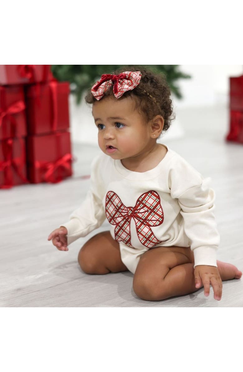 Sweet Wink Christmas Plaid Bow Patch Long Sleeve Romper, Alternate, color, Natural