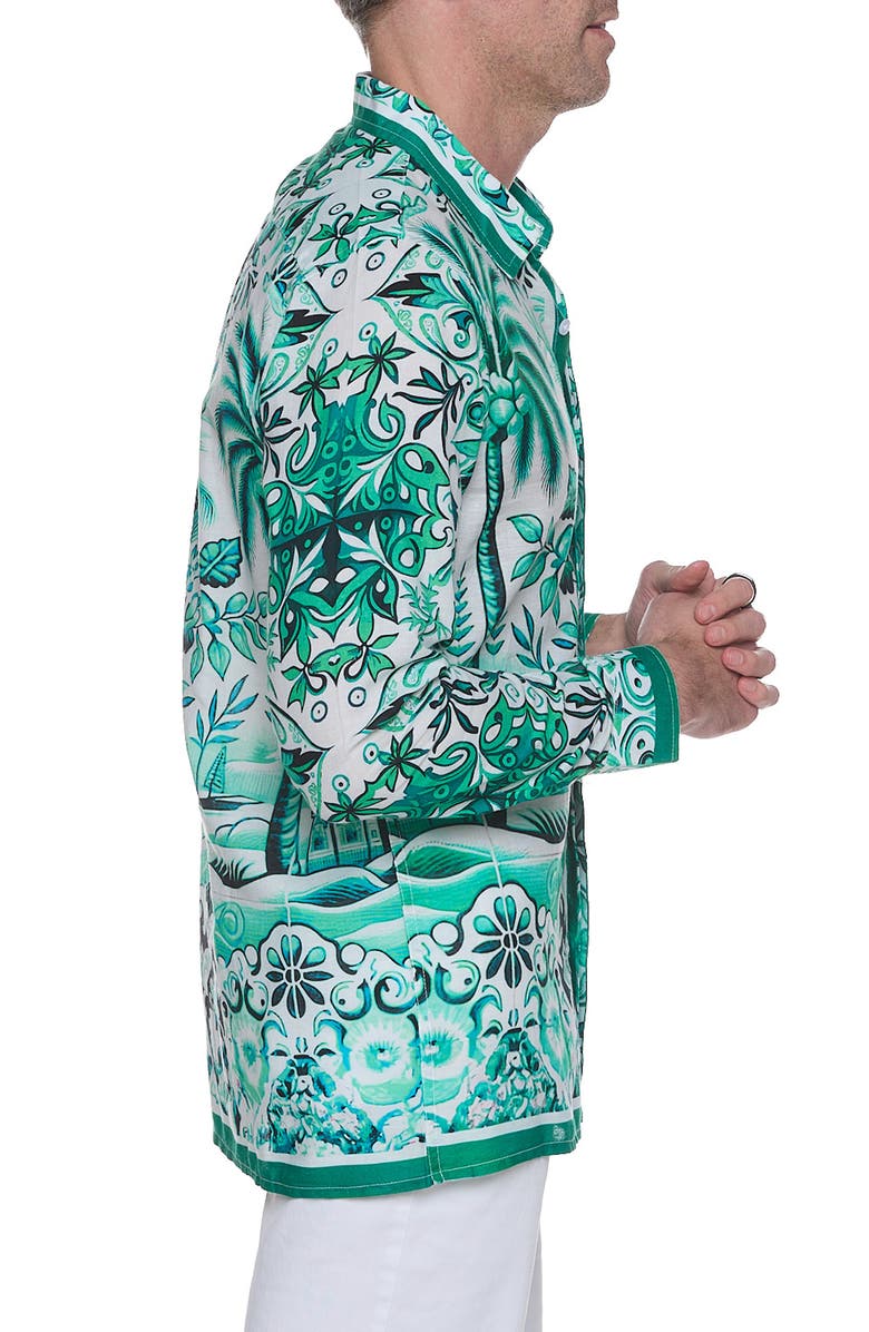 RANEES Extra Trim Fit Print Linen & Cotton Button-Up Resort Shirt, Alternate, color, Emerald