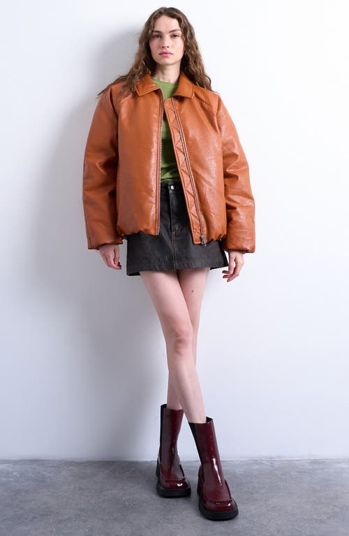 Topshop Faux Leather Padded Puffer Jacket In Orange