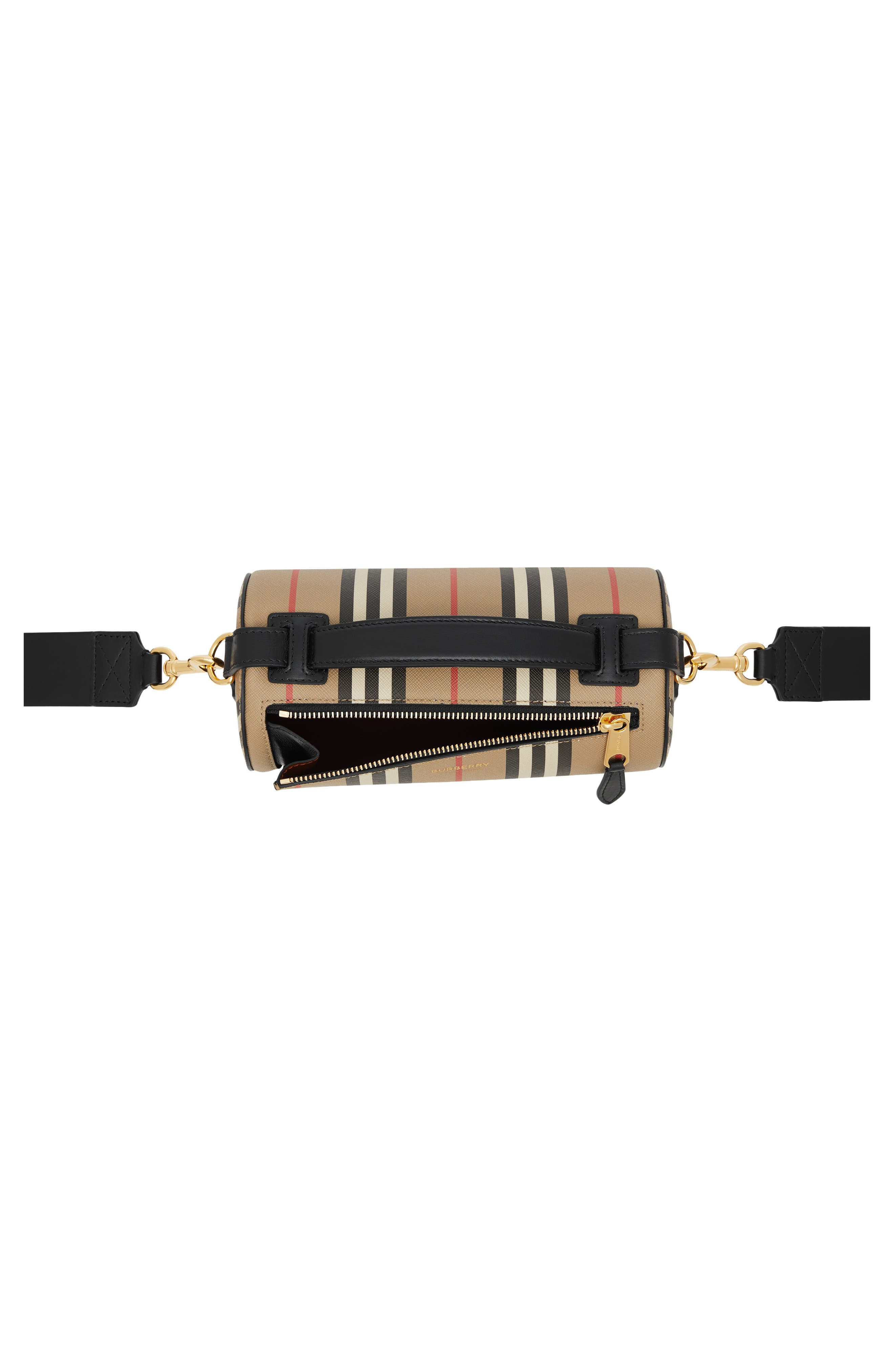 Burberry Icon Stripe E-Canvas & Leather Barrel Bag, Alternate, color, 