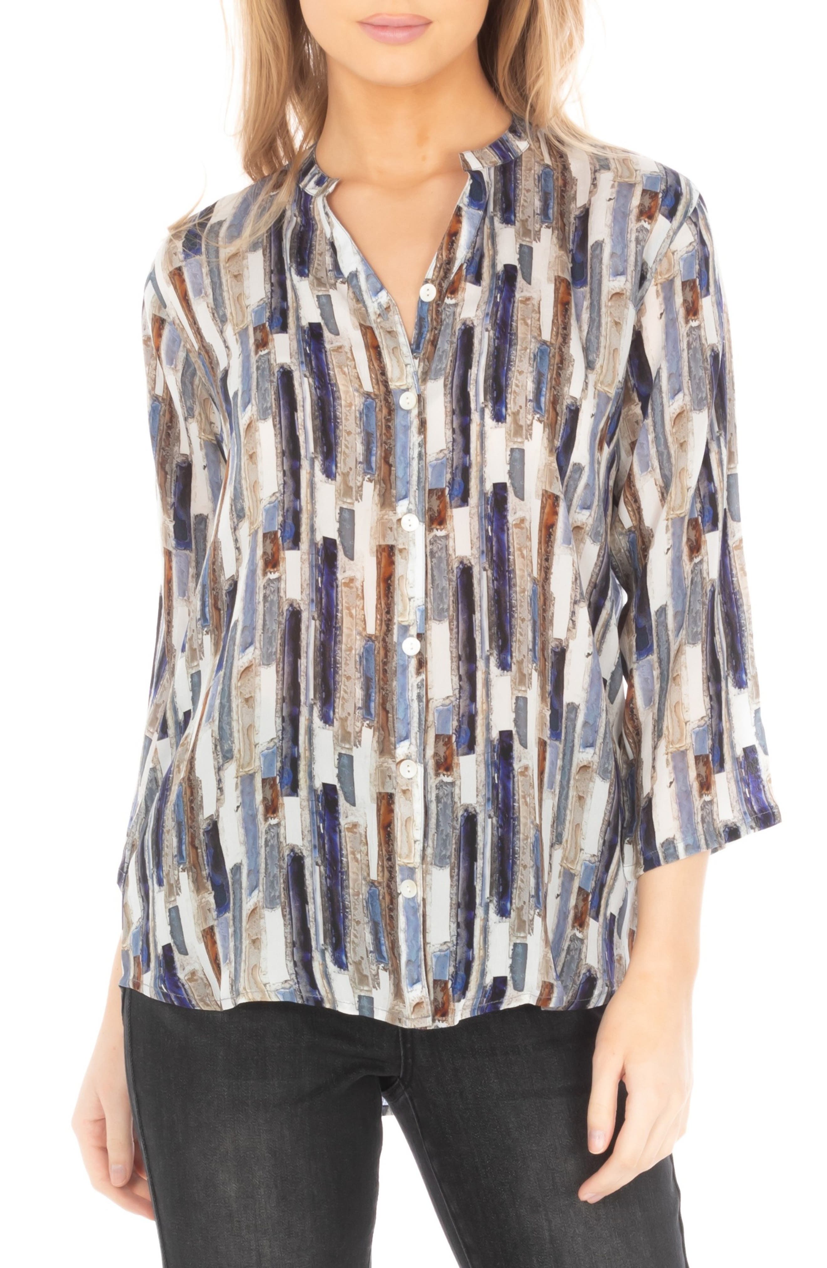 Mixed Stripe Mandarin Collar Button-Up Shirt - image 3