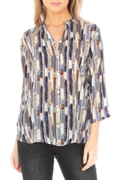 Mixed Stripe Mandarin Collar Button-Up Shirt