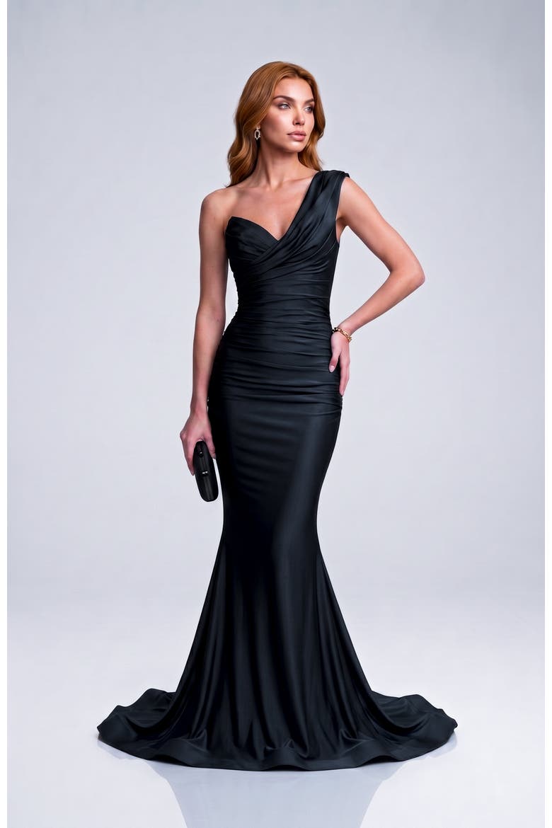 Strapless Layered Tulip Bodice Mermaid Evening Gown, Main, color, Black