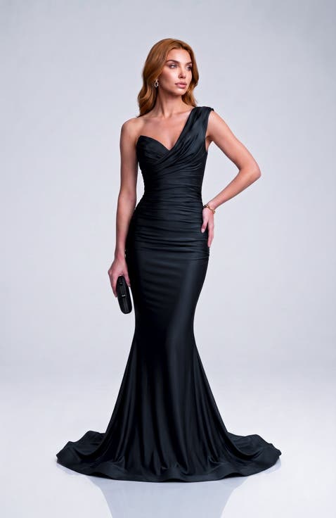 One-Shoulder Soft Draped Mermaid Gown