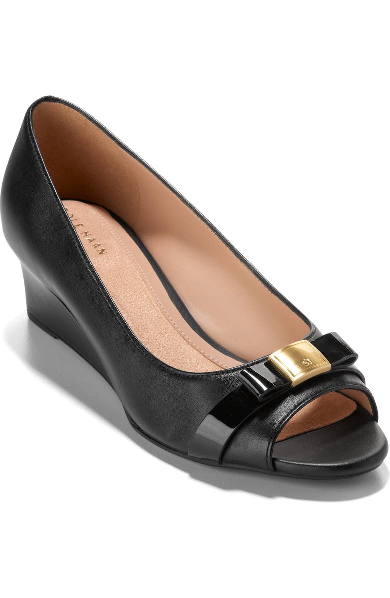 Cole Haan Go-To Malta Bow Peep Toe Wedge Pump, Main, color, Black Leather