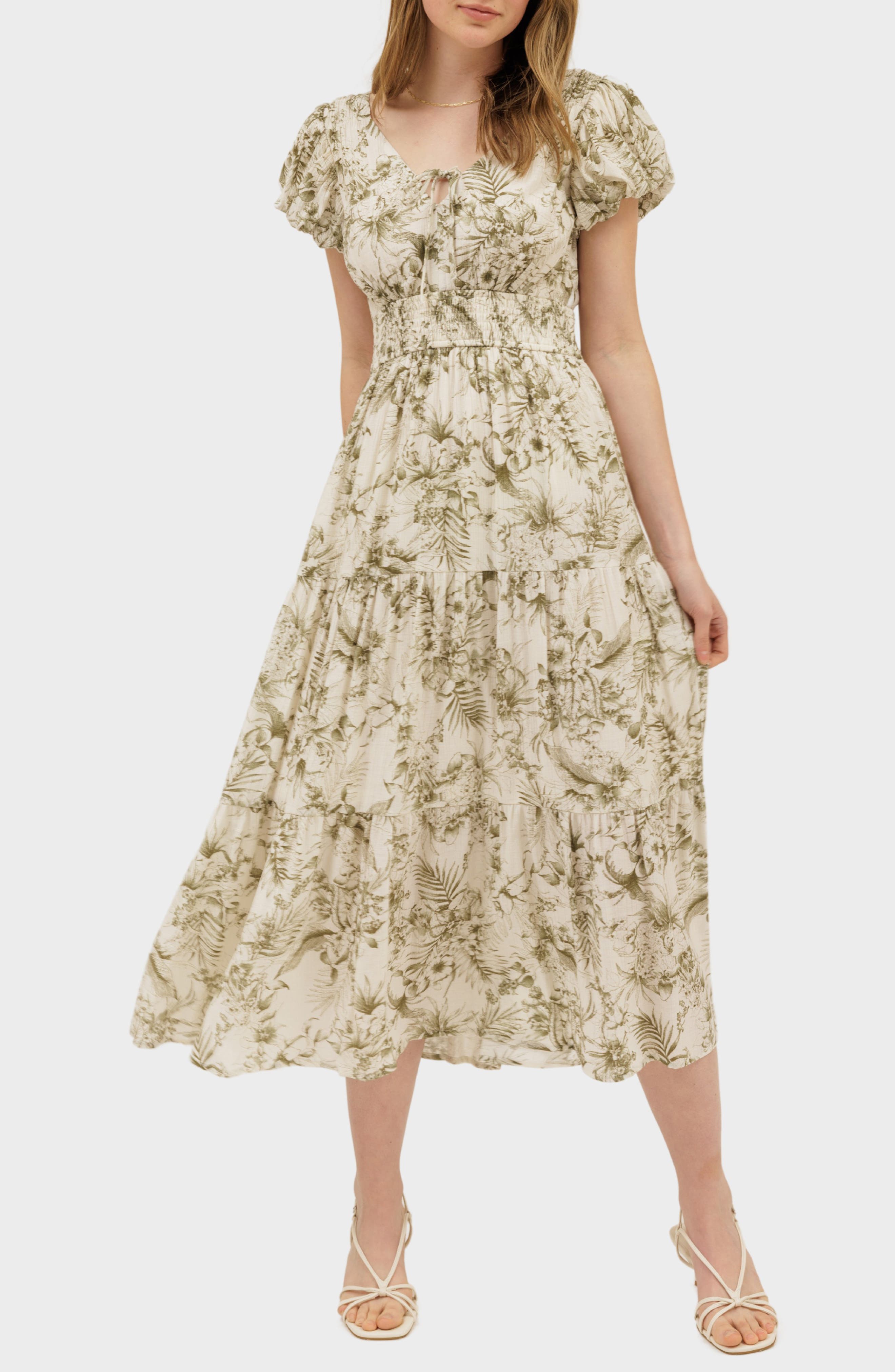 AUGUST SKY Floral Puff Sleeve Tiered Midi Dress