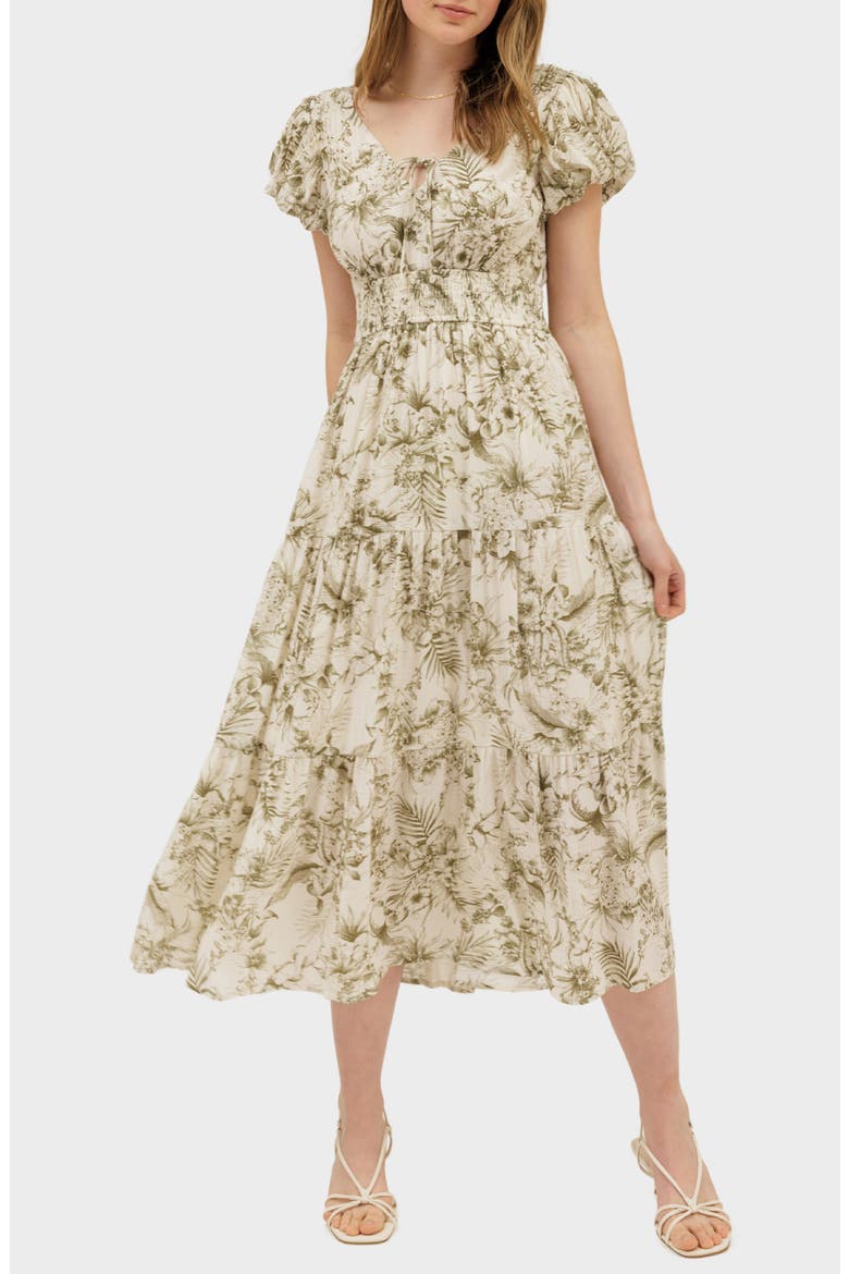 Floral Puff Sleeve Tiered Midi Dress, Main, color, OLIVE MULTI
