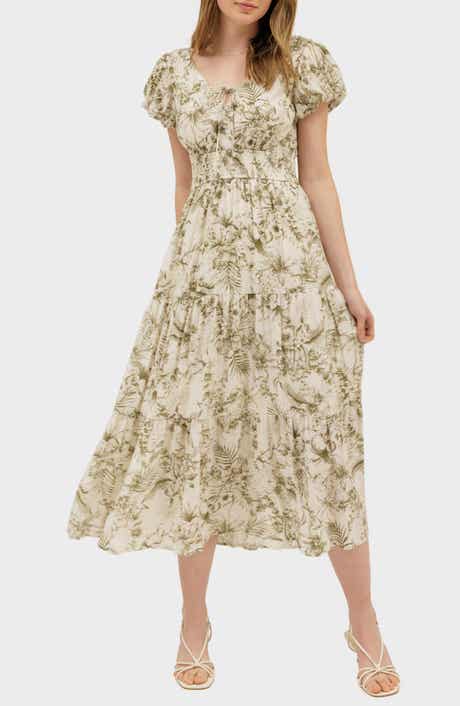 AUGUST SKY Floral Puff Sleeve Tiered Midi Dress