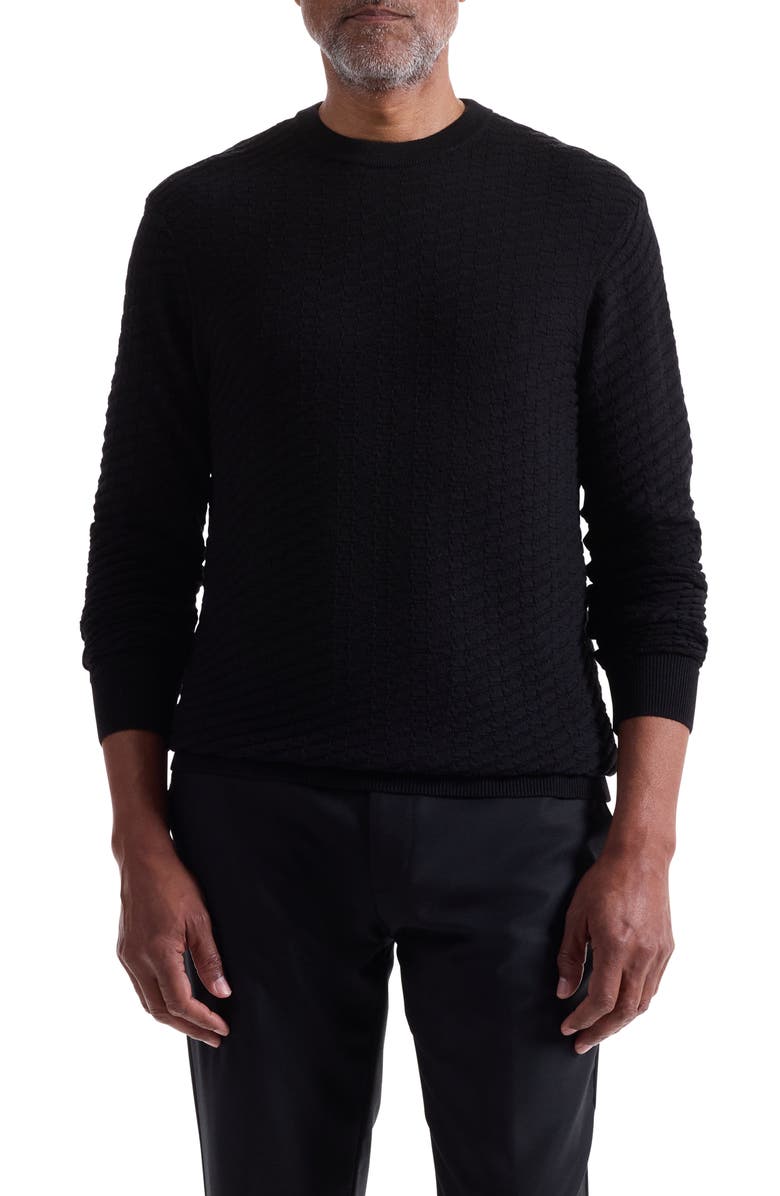 Bugatchi Pyramid Stitch Merino Wool & Silk Crewneck Sweater, Main, color, Black