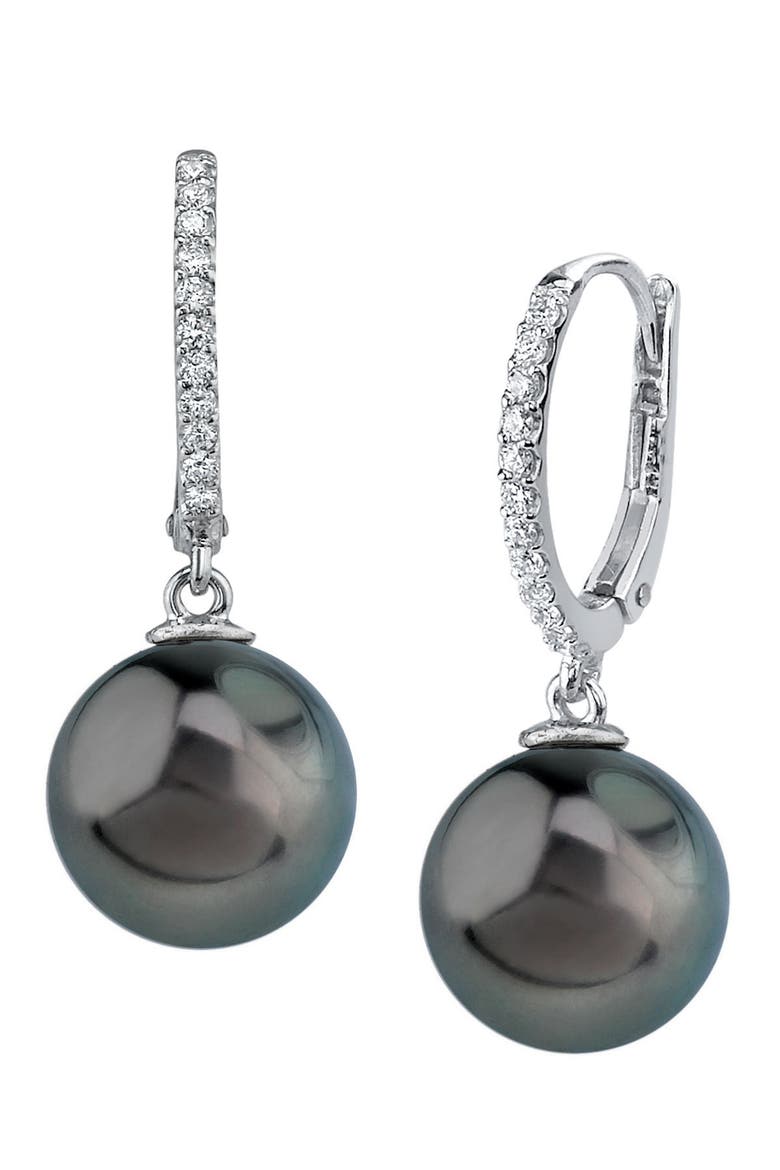 Tahitian South Sea Pearl & Diamond Huggie Aurora Leverback Earrings, Main, color, White Gold