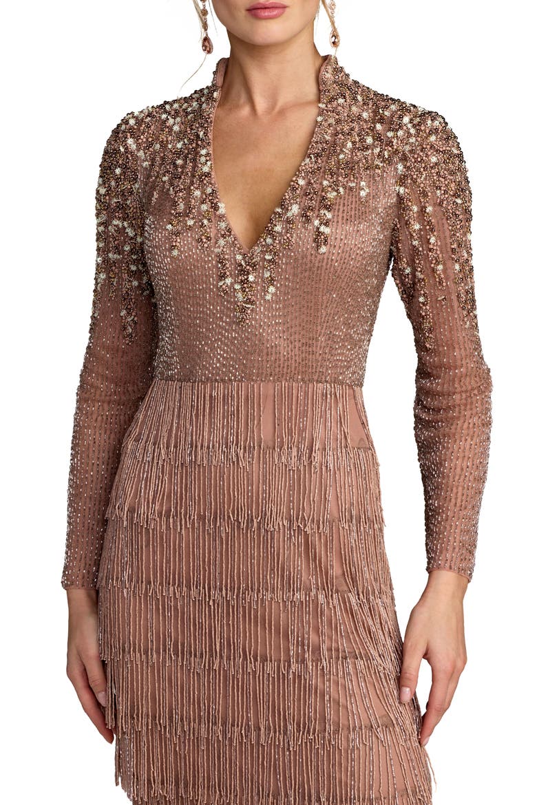 Petite Beaded Long Sleeve Fringe Column Gown, Alternate, color, Mocha