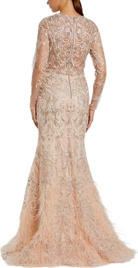 Embroidered Illusion Long Sleeve Trumpet Gown