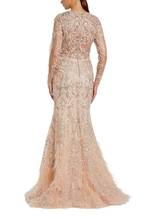 Mac Duggal Embroidered Illusion Long Sleeve Trumpet Gown In Blush