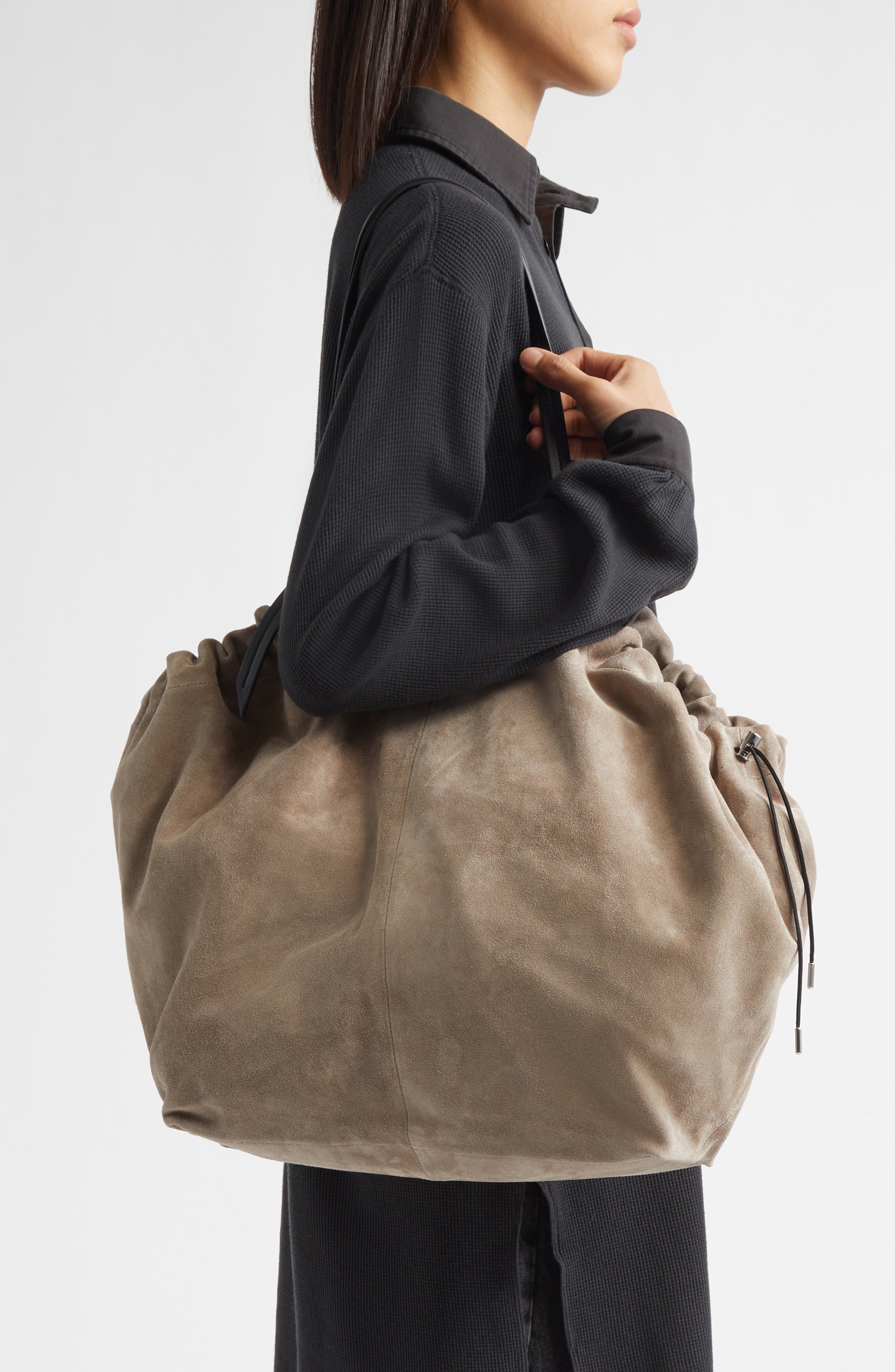 Maison Margiela Drawstring Suede Tote, Alternate, color, Vison/ Black/ Chestnut