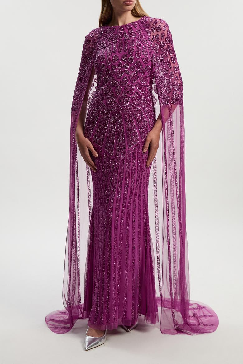 Premium Embellished Caped Maxi Dress, Alternate, color, Purple