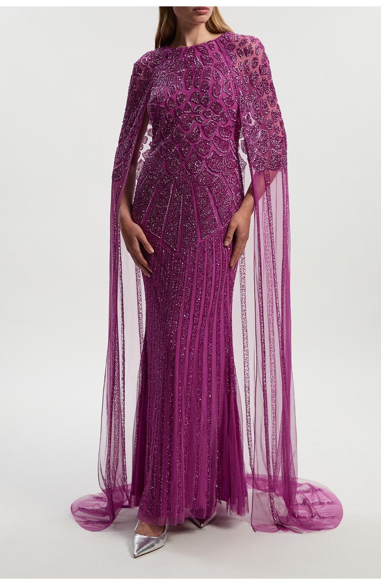 Karen Millen Premium Embellished Caped Maxi Dress, Alternate, color, Purple