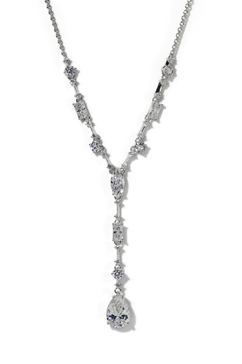 Everleigh Cubic Zirconia Y-Necklace, Main, color, RHODIUM