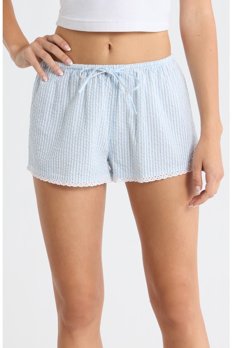 Seersucker Boxer Sleep Shorts, Main, color, WHITE- BLUE HICKORY STRIPE