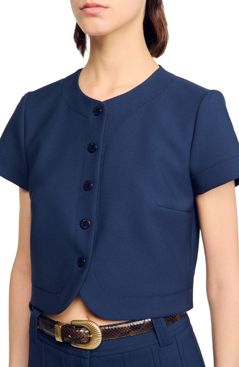 SANDRO Rounded hem buttoned crop top, Alternate, color, Navy Blue