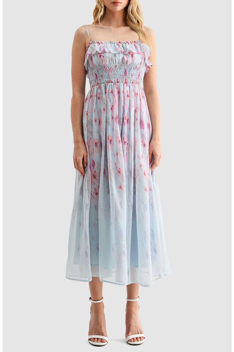Ruffle Smocked Midi Dress, Main, color, BLUE FLORAL