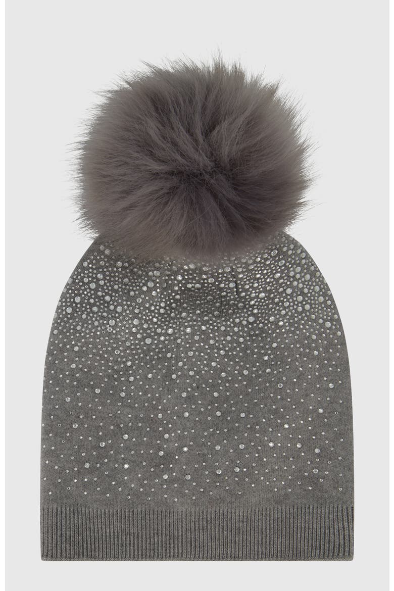 Knit Beanie Hat With Fur-Free Fox (Faux Fur) Pompom, Alternate, color, GRAY/GRAY