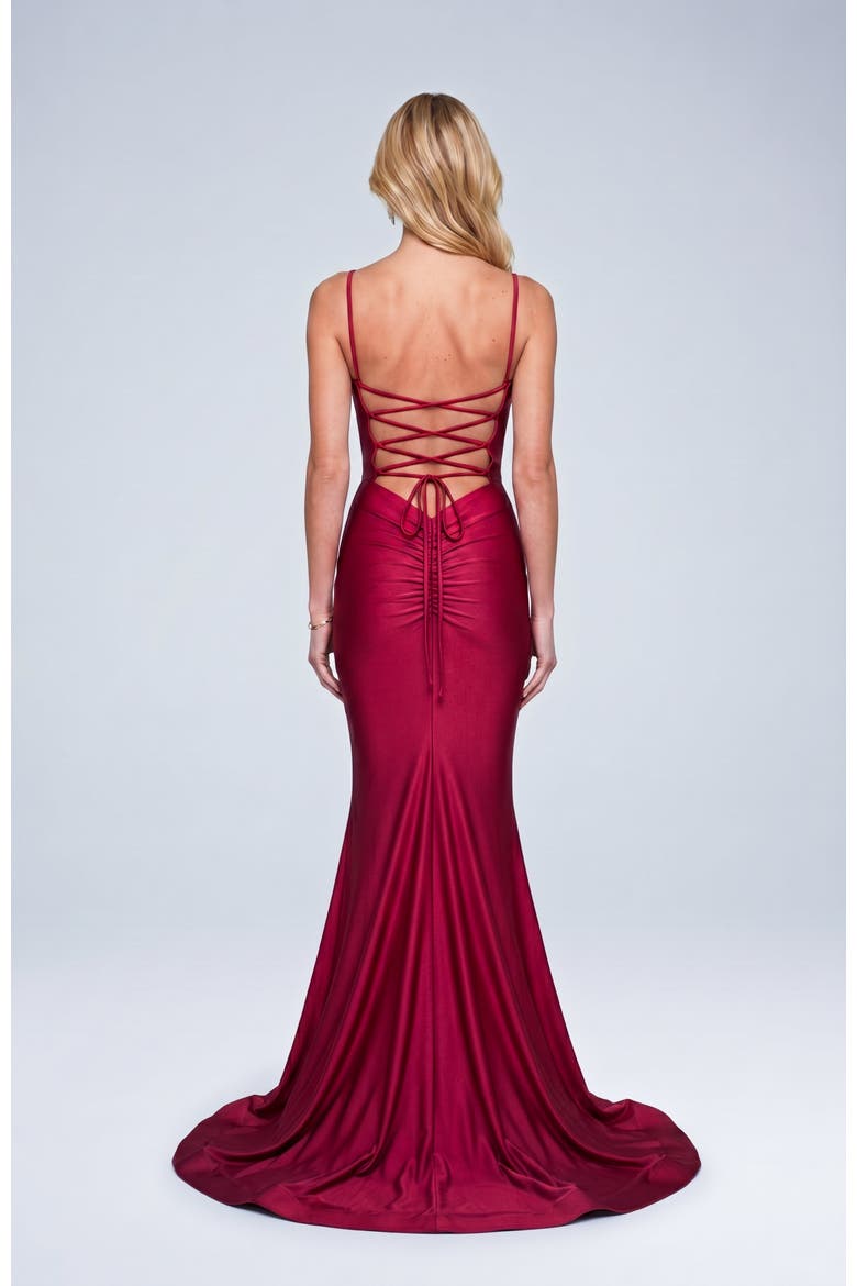 Cowl Neck Lace-Up Open Back Mermaid Gown, Alternate, color, Red