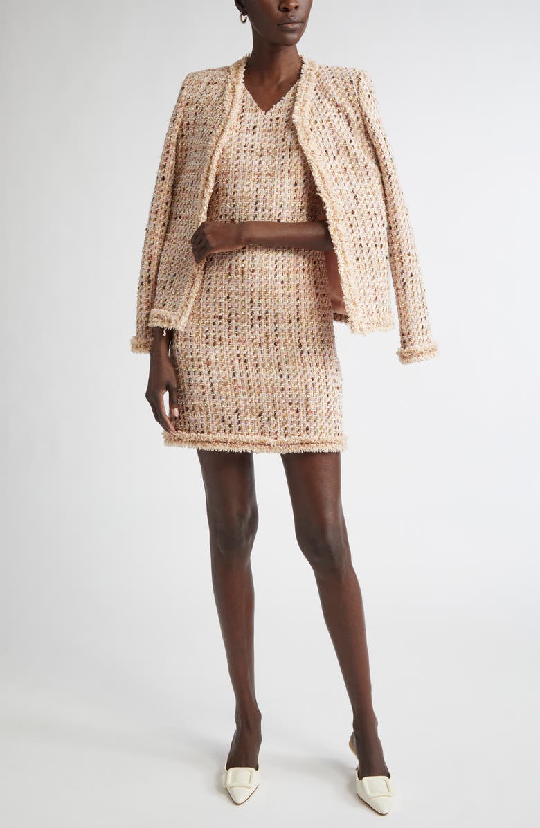 ST. JOHN Betty Fringe Trim Metallic Tweed Sheath Dress, Alternate, color, Power Rose/ Acorn Multi