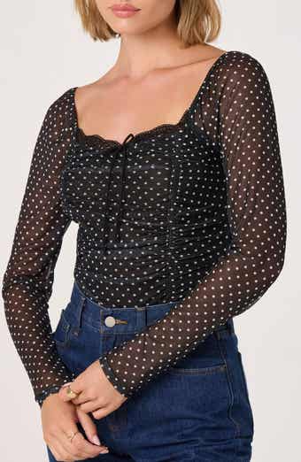 ASTR the Label Lace Trim Long Sleeve Ruched Mesh Top