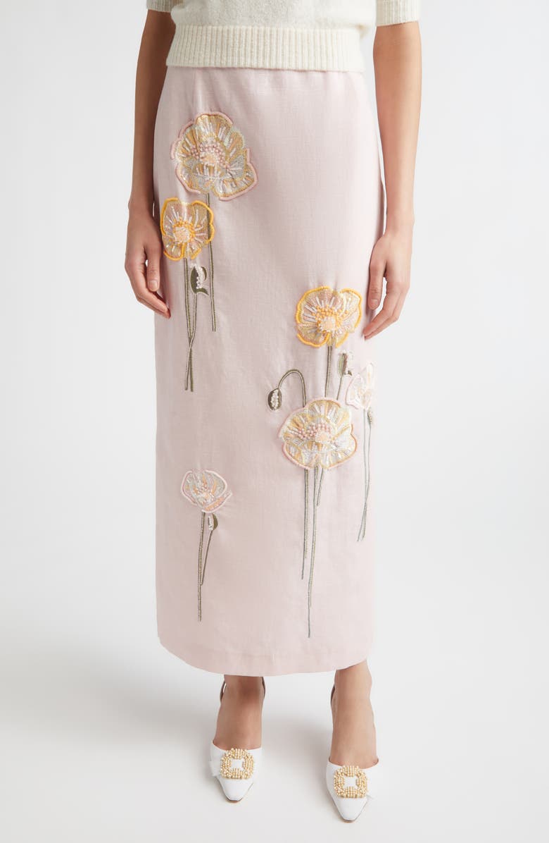 BERNADETTE Norma Embroidered Cotton & Linen Maxi Skirt, Main, color, Embroidered Yellow White