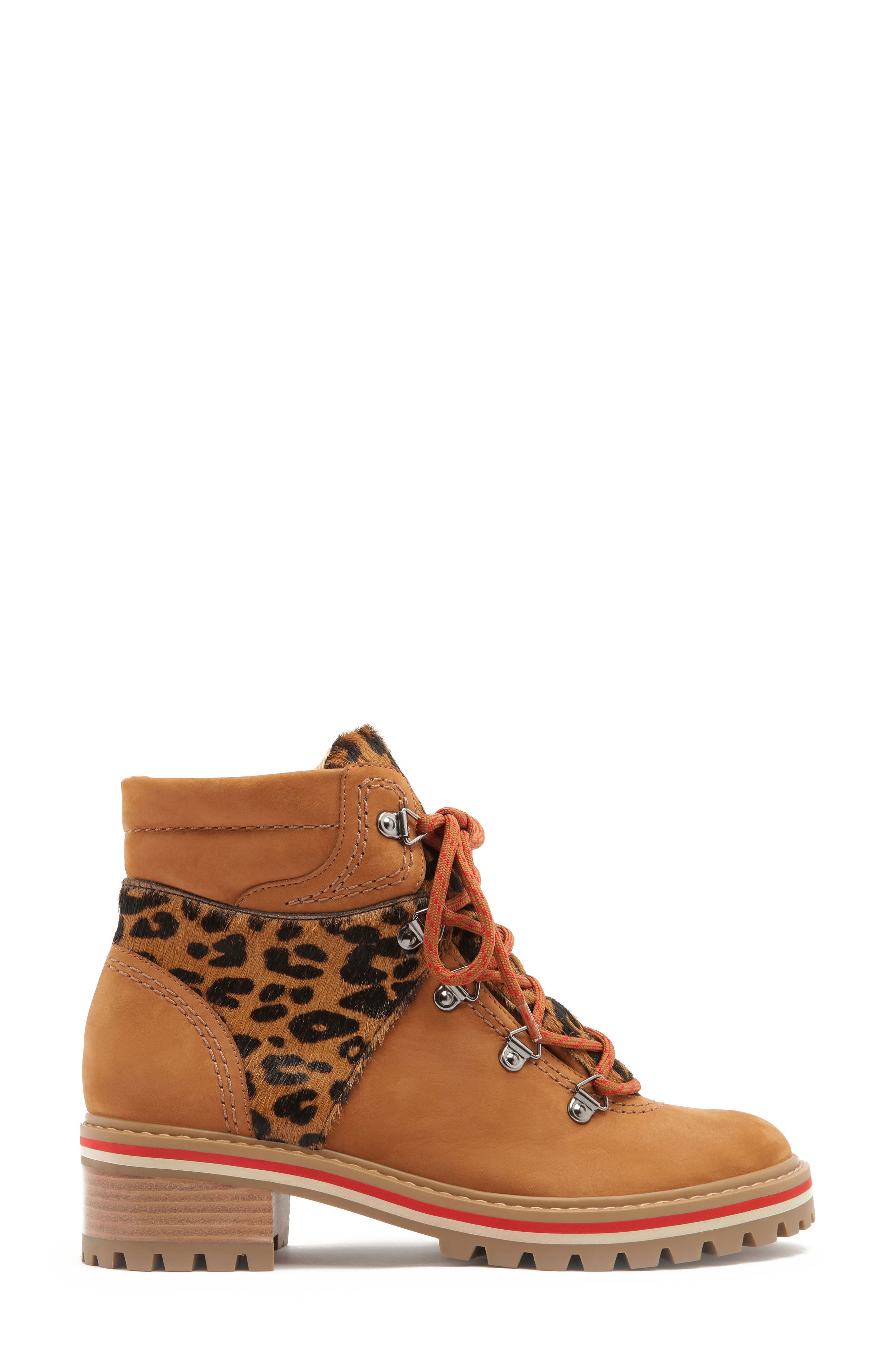 Keida Leopard Print Genuine Calf Hair Trim Hiking Boot, Alternate, color, WOOD/ SAND-BLACK CALF HAIR